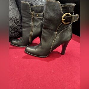 Coach Nancie Black Calf Leather Heeled Boots with Gold Buckle. Made in Italy